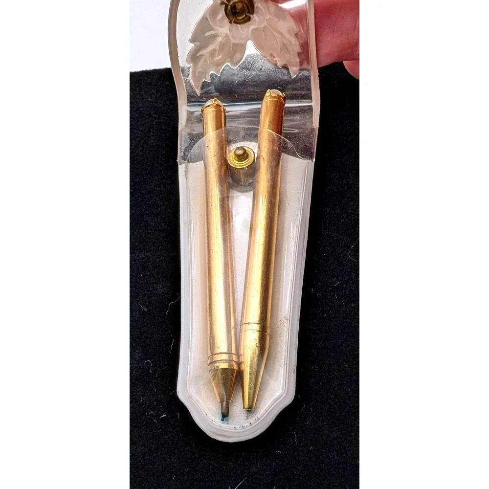 Vintage Gold Tone Pen and Mechanical Pencil Set White Leaf Pearl Pocket Case
